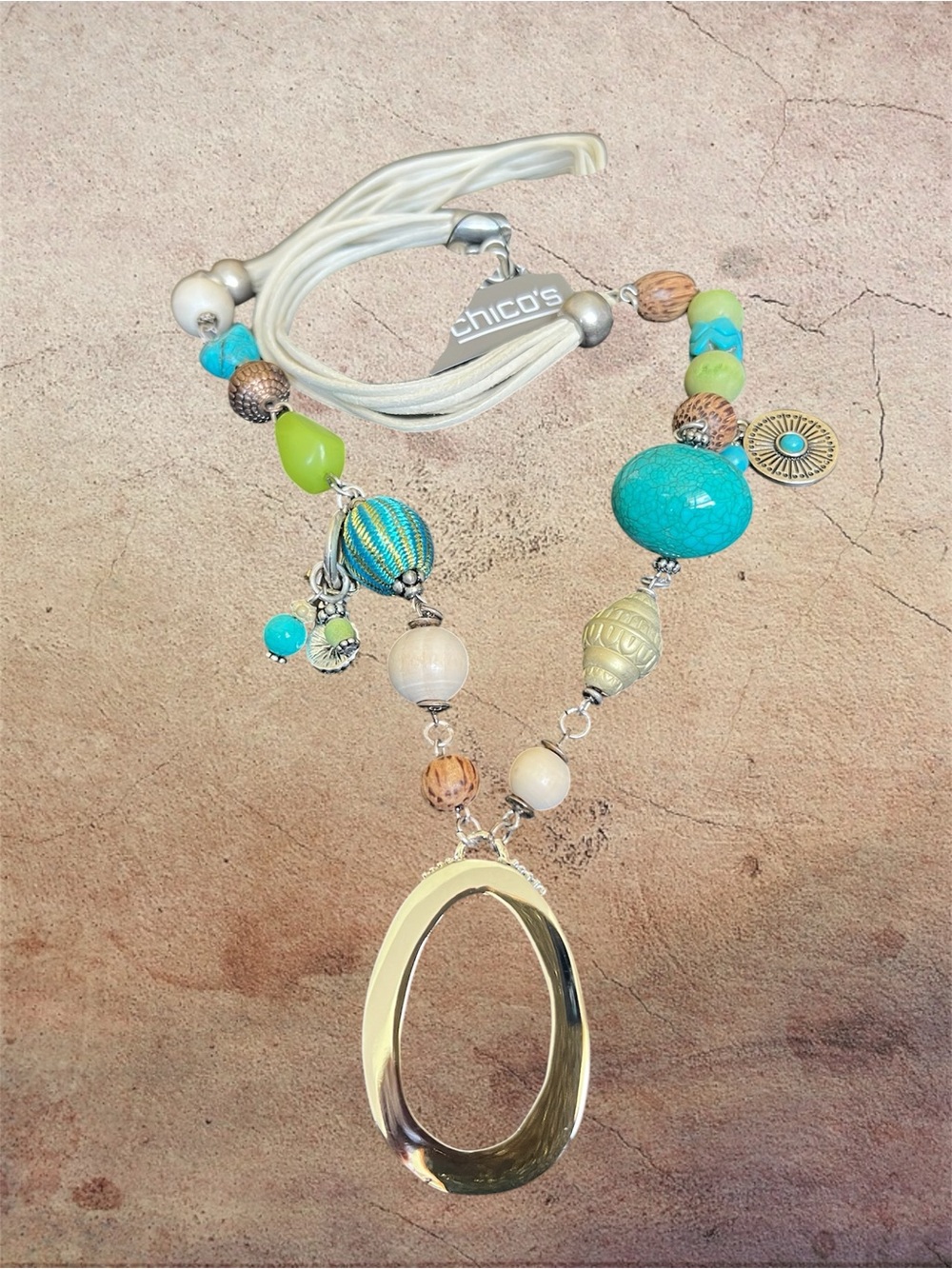 Chico's Turquoise and Lime Multi-Bead Pendant Necklace